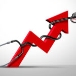 Rising Healthcare costs and higher health care prices as increase in medication and prescription medications or unaffordable hospital bills represented by a Doctor stethoscope and upward arrow.