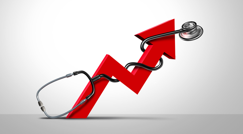 Rising Healthcare costs and higher health care prices as increase in medication and prescription medications or unaffordable hospital bills represented by a Doctor stethoscope and upward arrow.